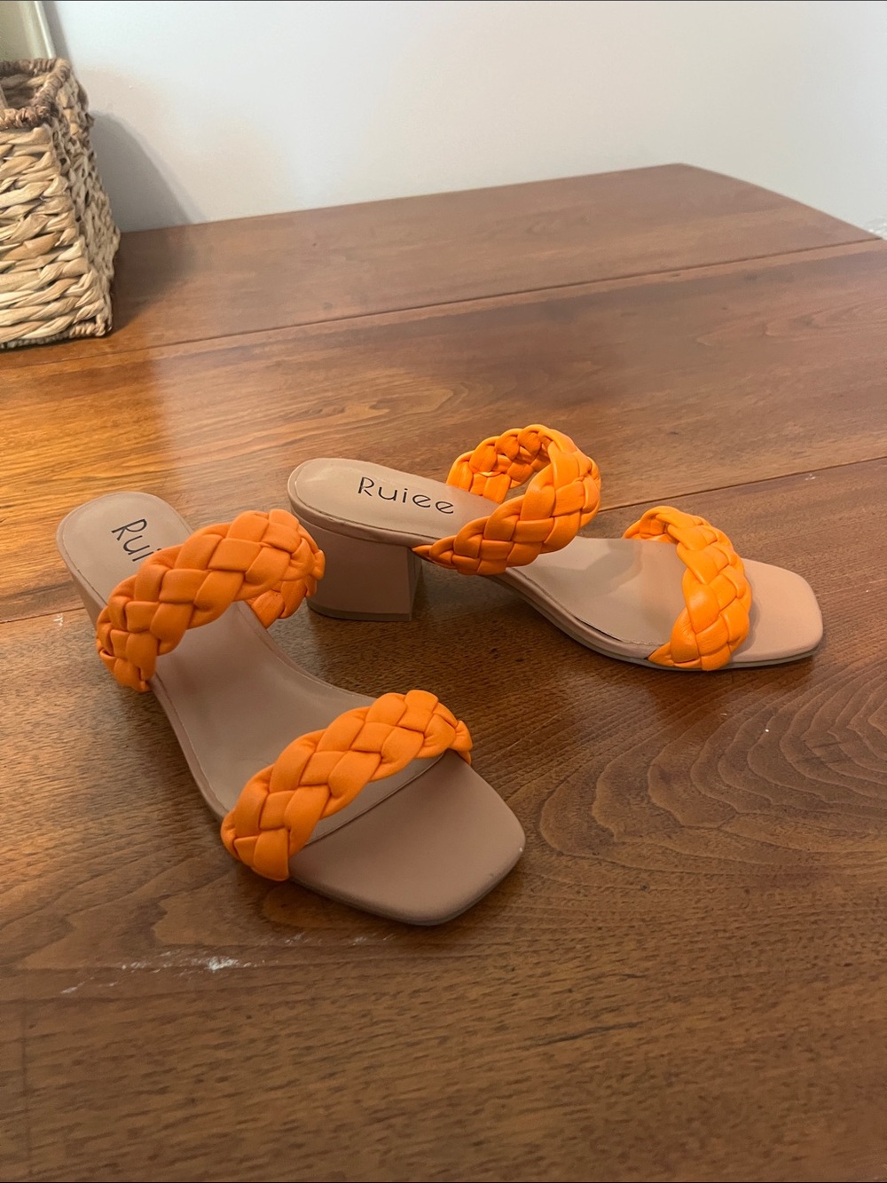 Orange Braided Double-Strap Block Heel Mules